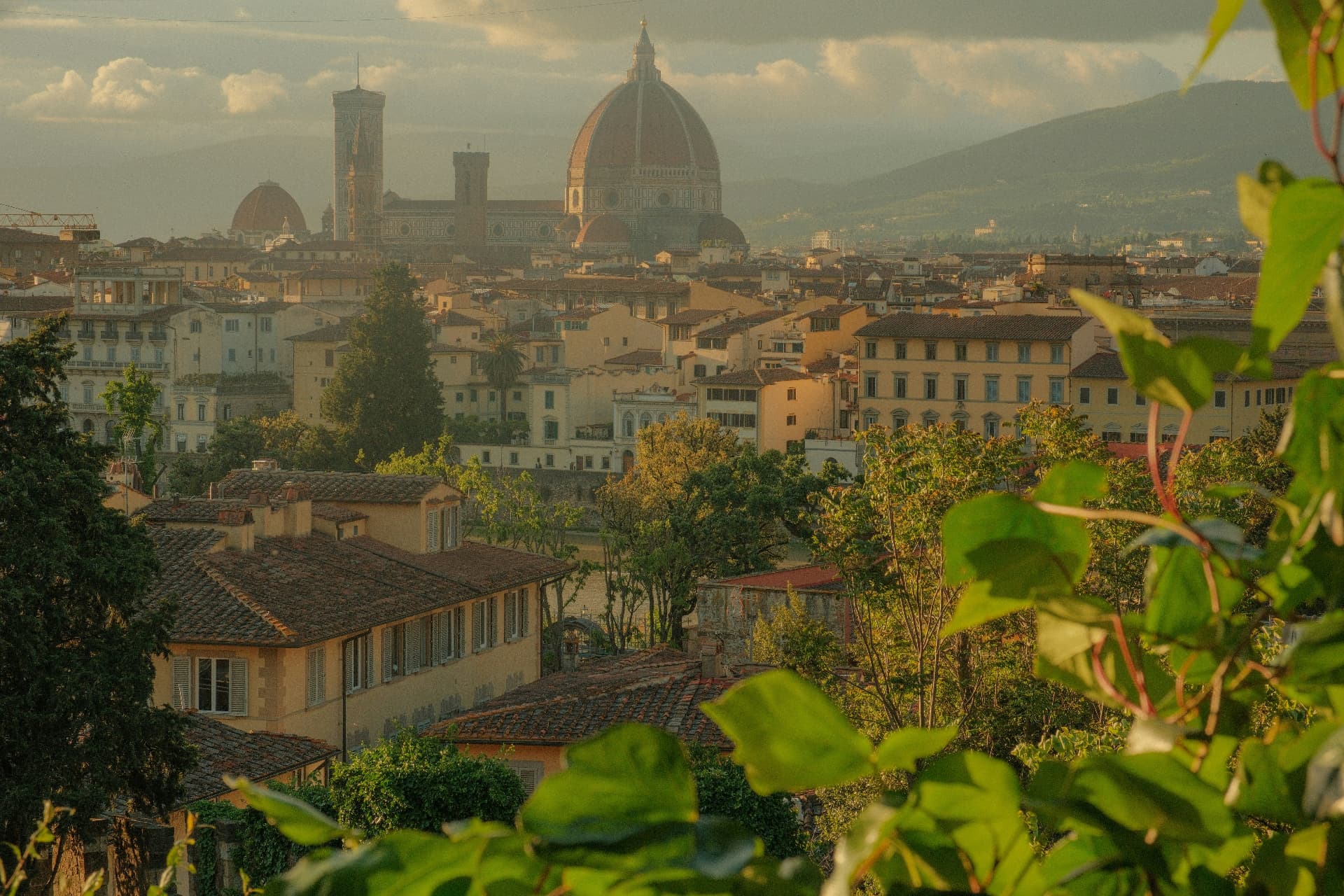 The Florence skyline with Brunelleschi's Duomo rising above terracotta rooftops at golden hour