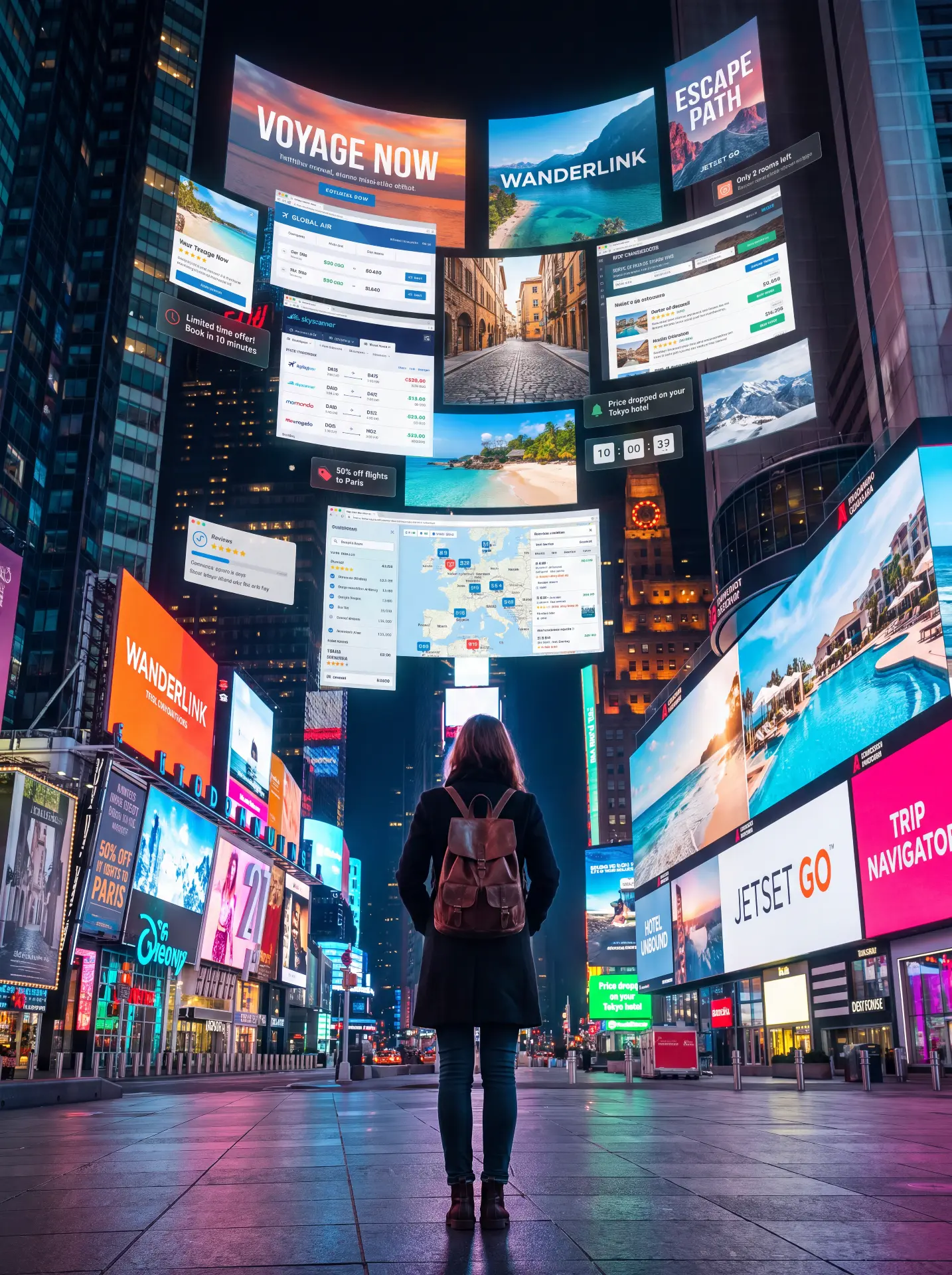 A traveler stands in a glowing city square at night, surrounded by oversized digital billboards advertising flights, hotels, and destinations, illustrating how travel options have multiplied yet planning remains overwhelming