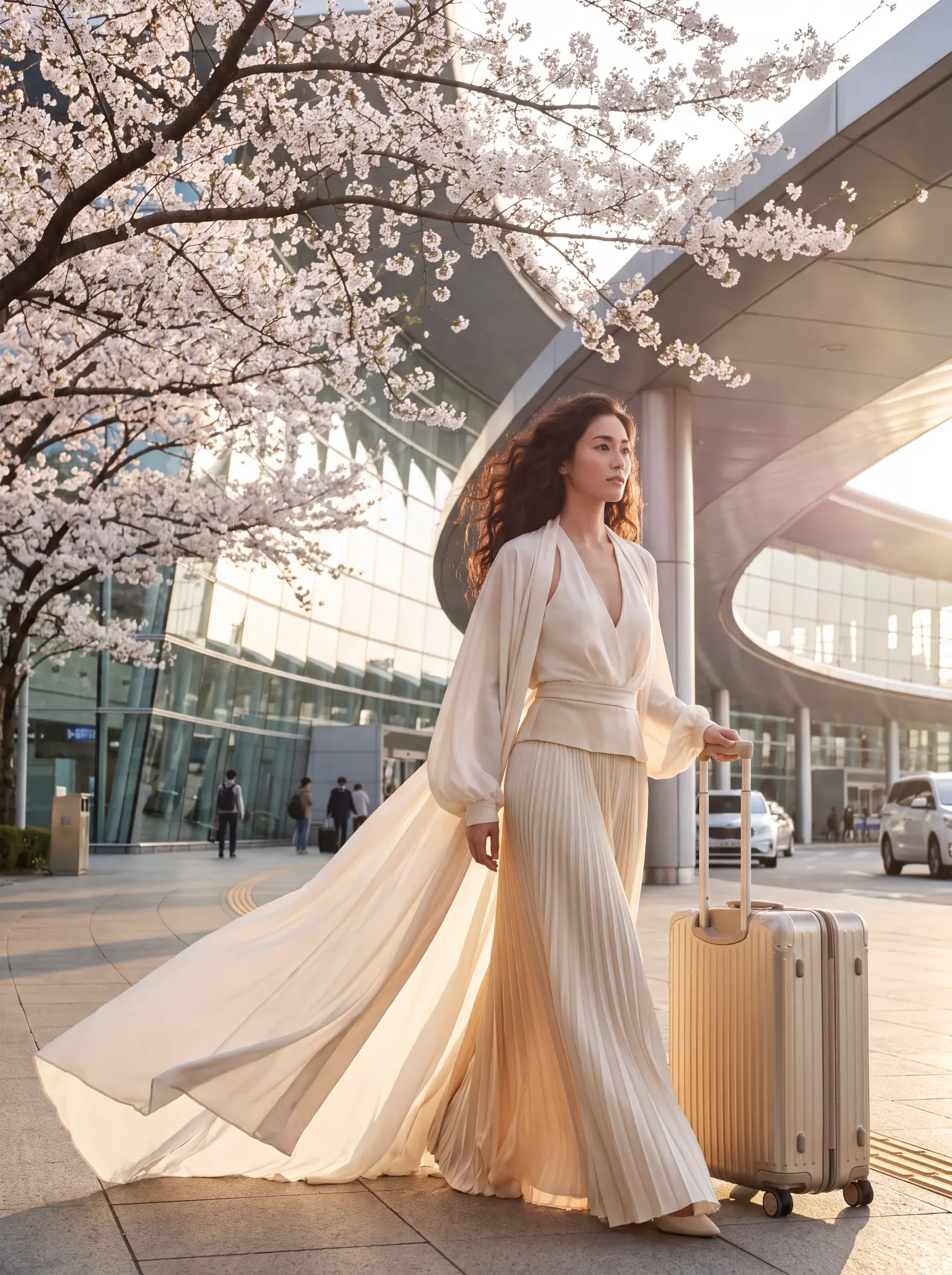 Sophisticated traveler in a flowing cream coat walking through a cherry blossom-lined airport terminal at golden hour