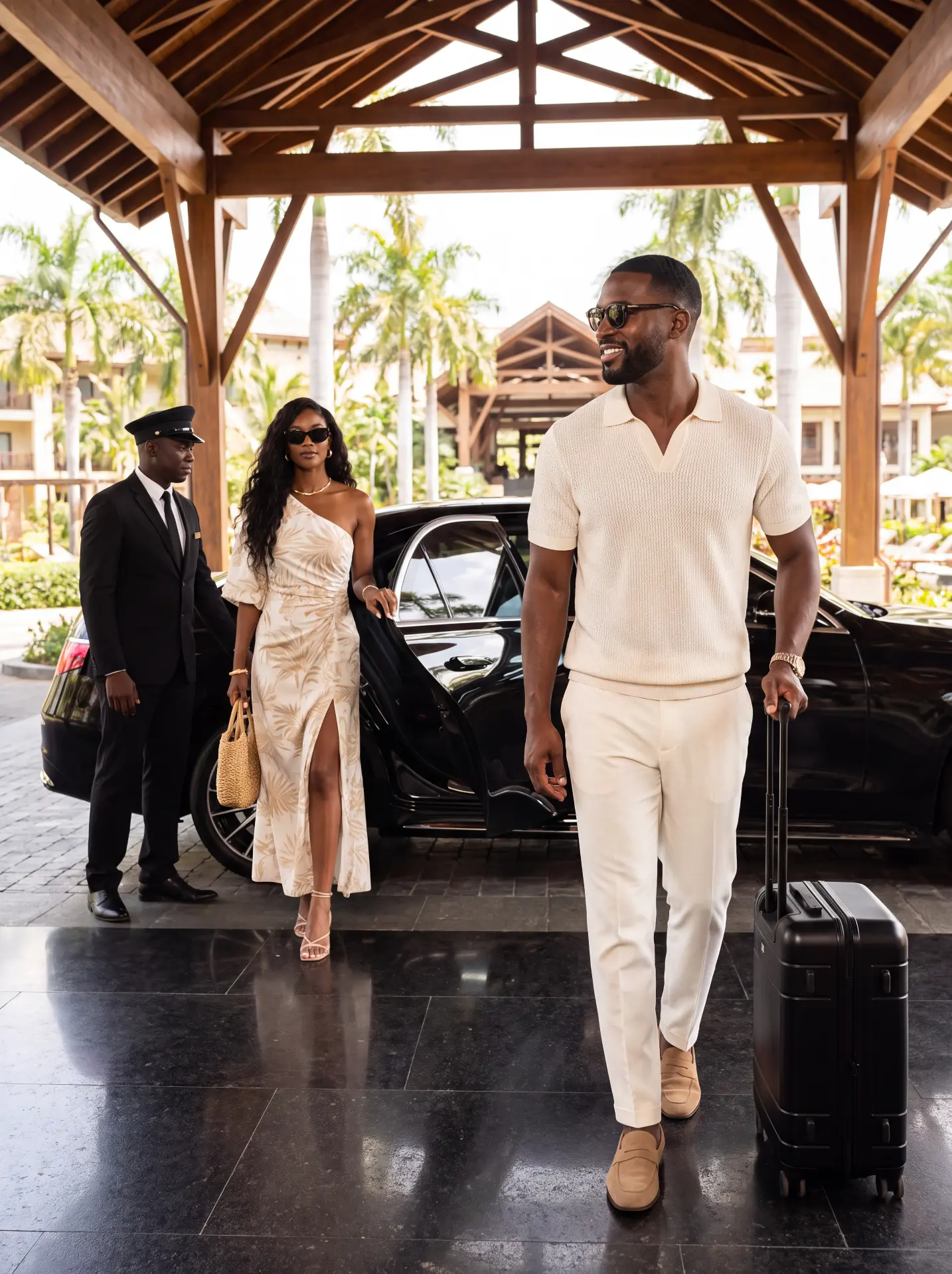 A couple arriving at a luxury resort entrance with a chauffeured black car