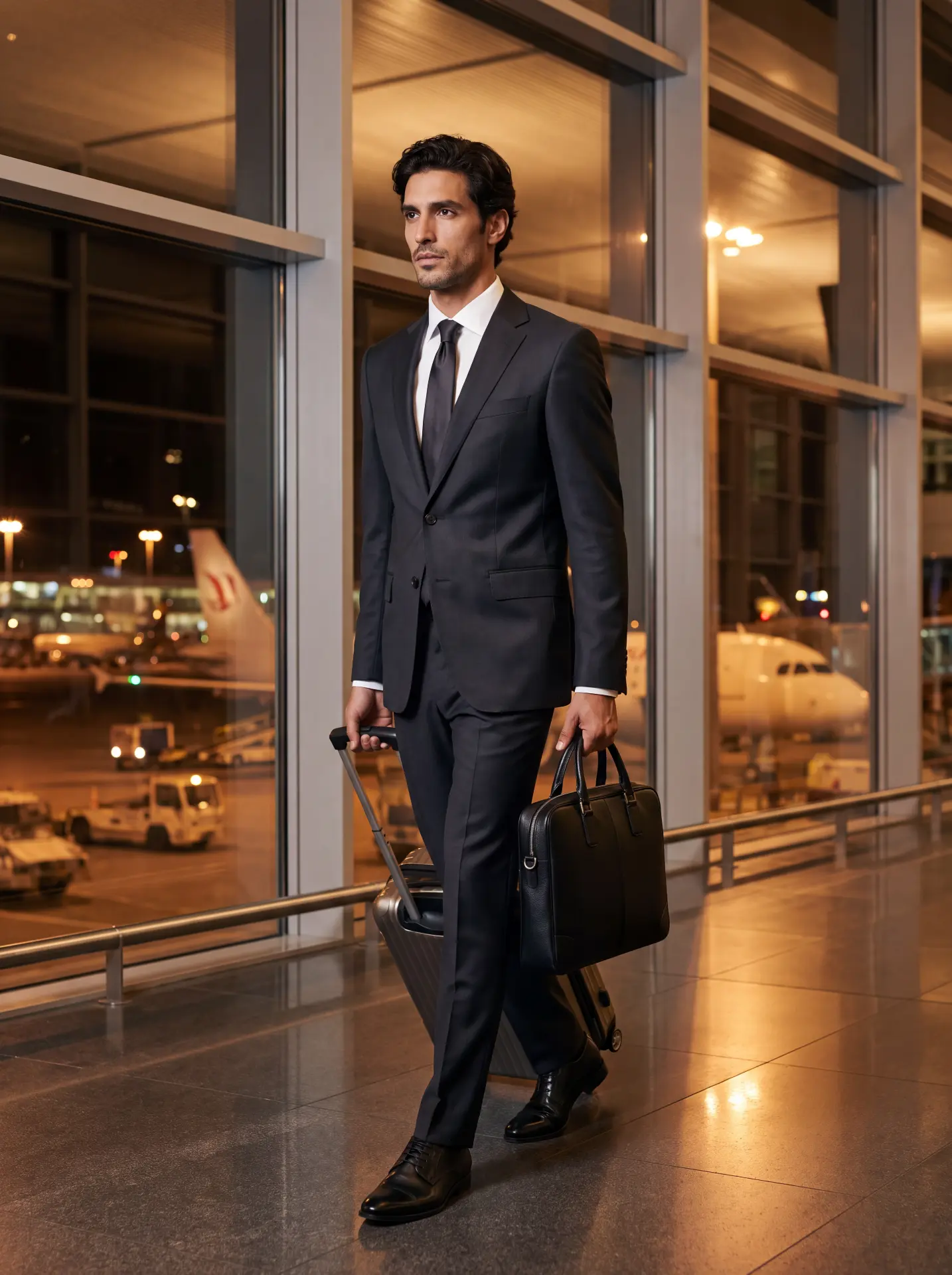 A business traveler in a tailored suit walking through a modern airport terminal at night