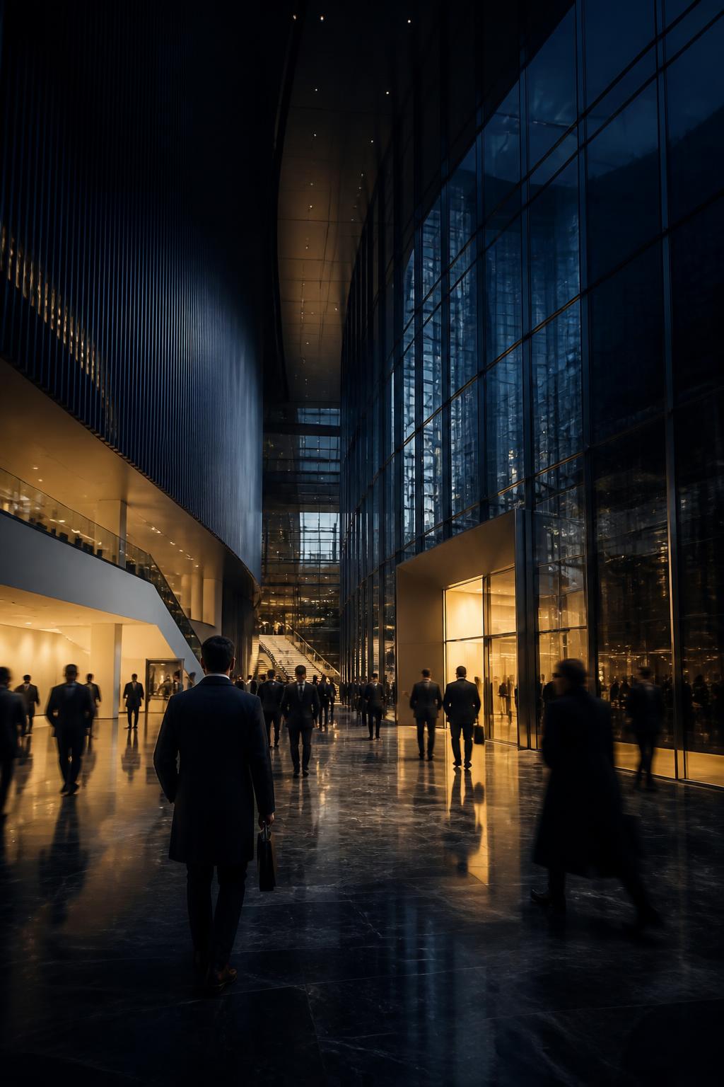 Executives moving through the concourse of a contemporary international business summit venue at night