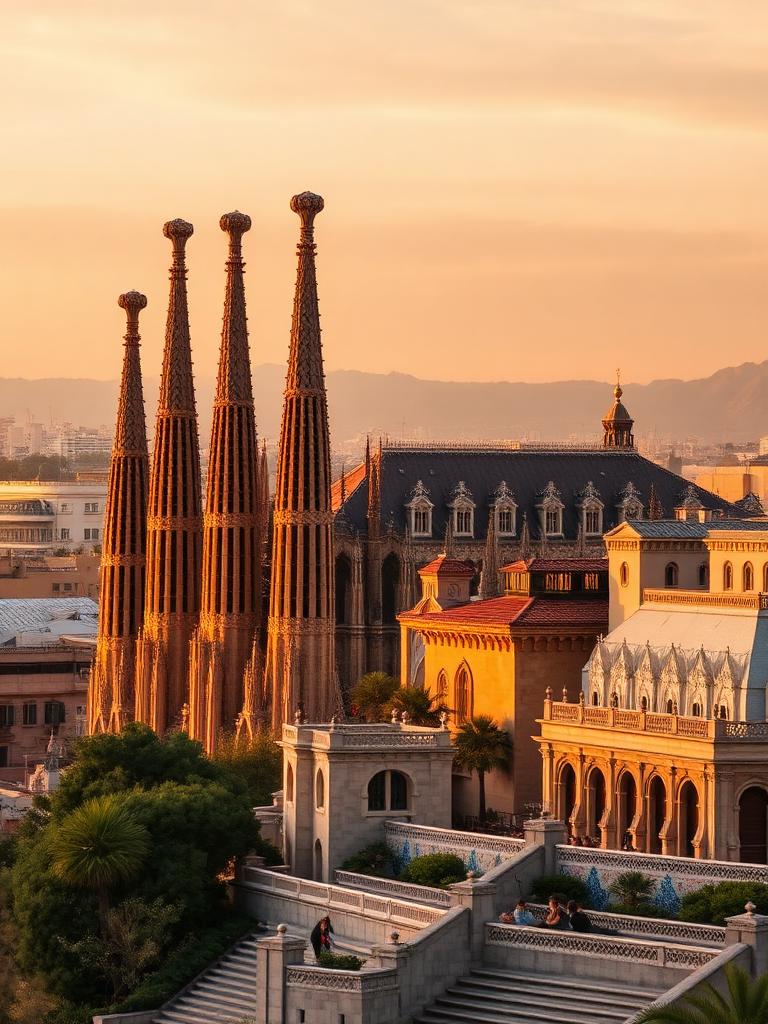 Mosaic terrace and whimsical Gaudí architecture overlooking Barcelona from Park Güell