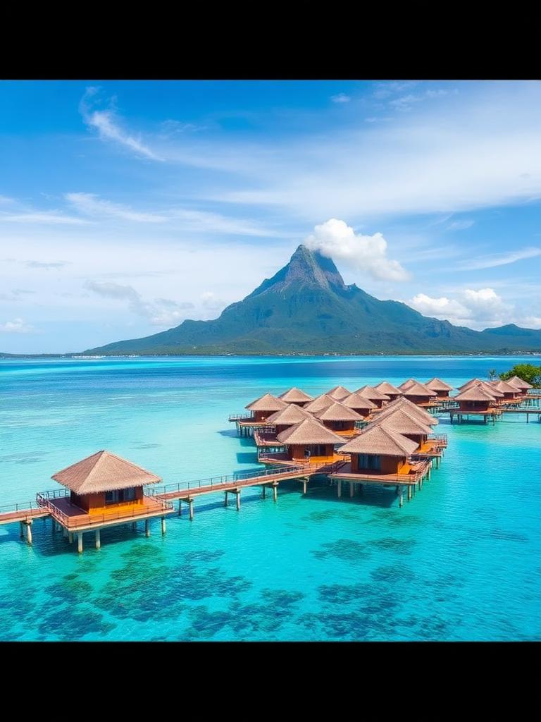 Overwater bungalows at sunset beneath a rose and coral sky in Bora Bora