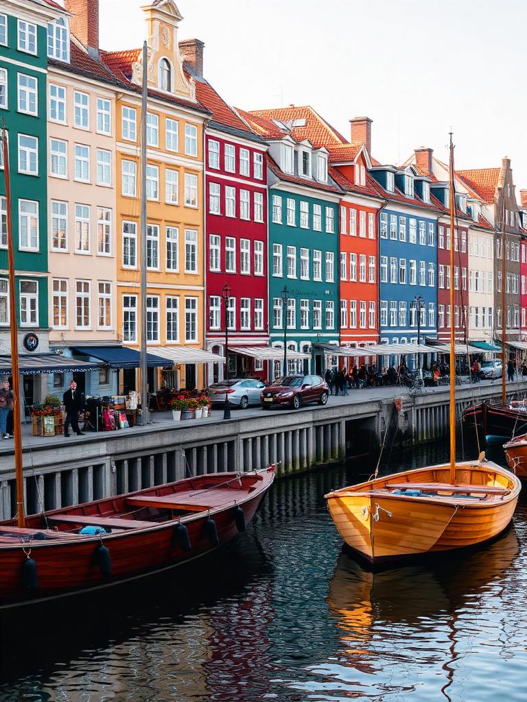 Classic red boat moored along the colorful Nyhavn canal houses in Copenhagen