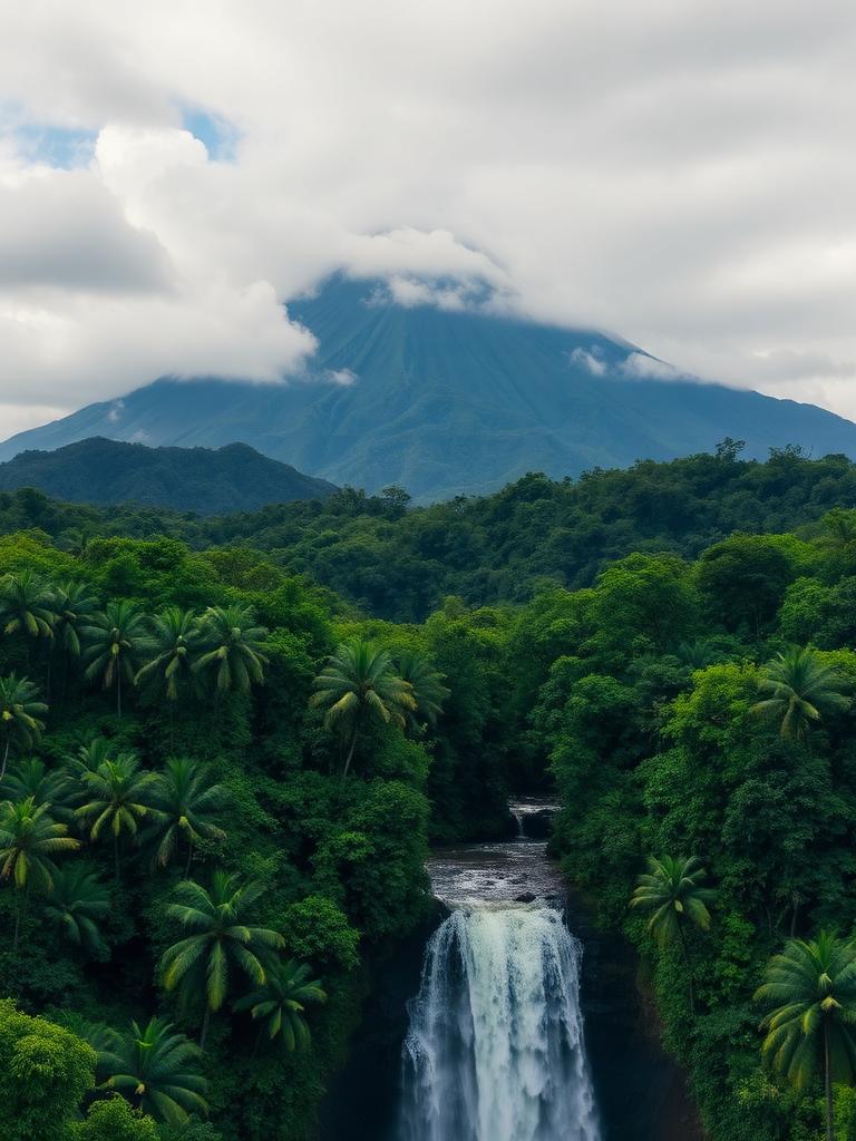 Waterfall plunging into a turquoise pool surrounded by dense Costa Rica rainforest