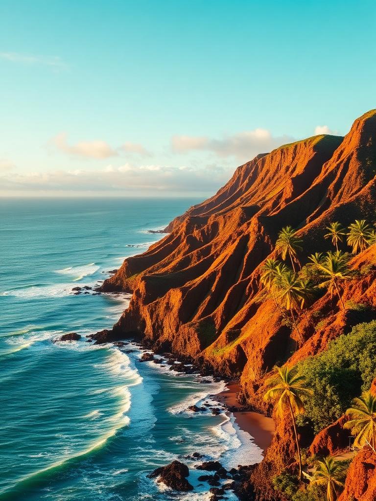 Turquoise Pacific waves breaking against volcanic rocks on the Maui coastline with resort villas and mountains beyond