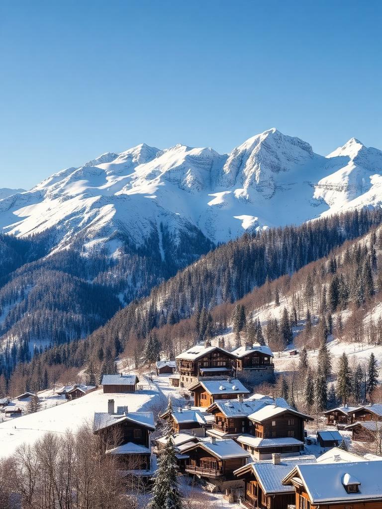 Snow-covered Swiss Alps rising above a village of wooden chalets