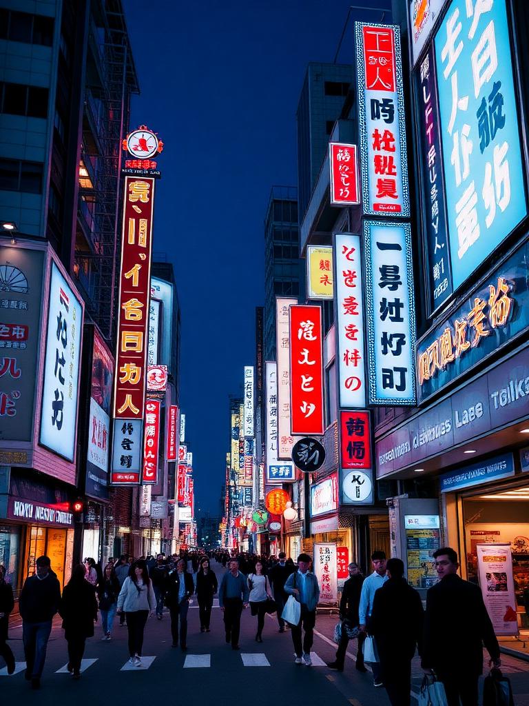 Neon-lit Tokyo street at night with Japanese signage, pedestrians, and light trails from passing traffic